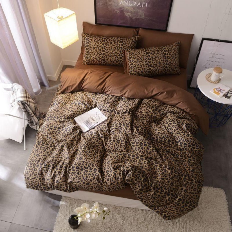 Marrom leopardo 100% algodão duplo conjunto de cama rainha rei tamanho conjunto capa edredão folha lençol ropa de cama parure de lit t2328h