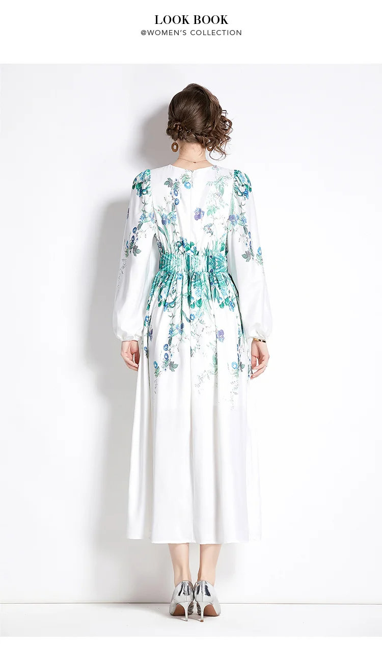 Kvinnor grundläggande avslappnade klänningar Runway Fashion Spring Flower Dress for Women Bohemian Floral Print Long Sleeve Robe Longue Femme Party Maxi Vestido 2024