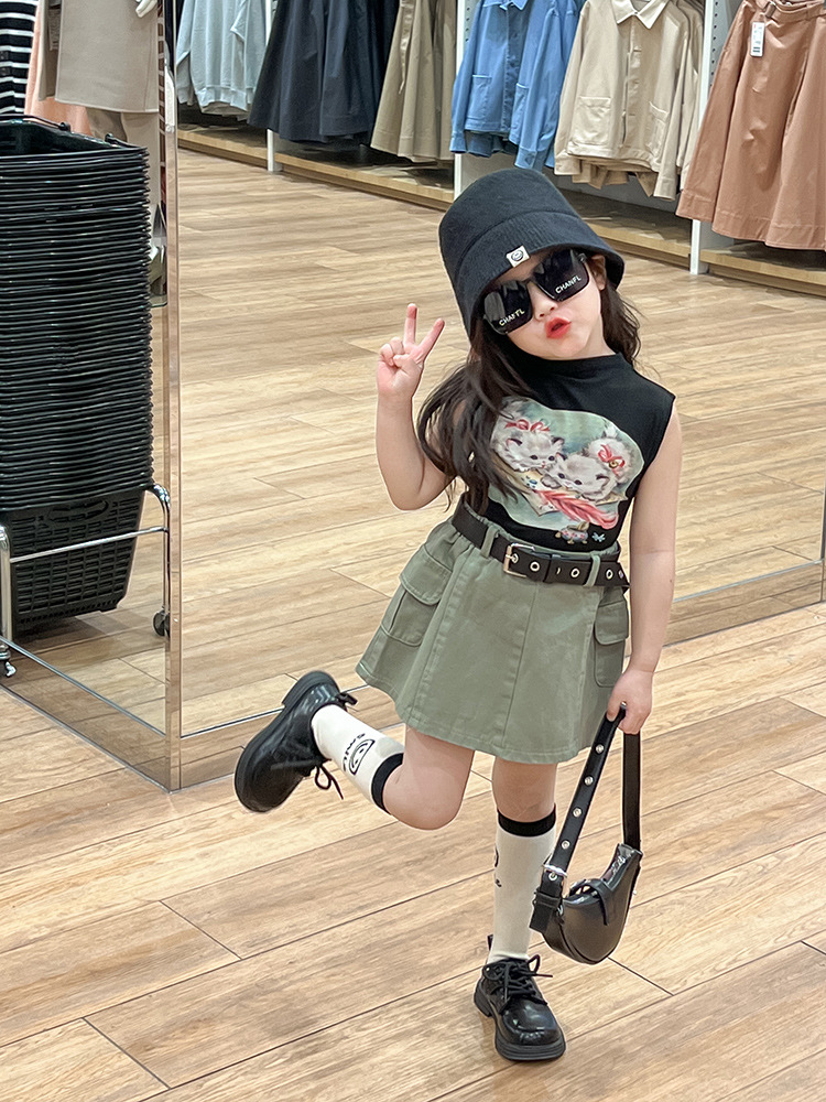 Girls cute rabbit printed sleevless T-shirts kids cartoon casual tops 2024 summer children double pocket casual skirts Z7066