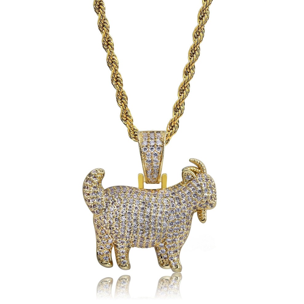 Shiny Trendy Goat Animal Pendant Necklace Charms For Men Women Gold Silver Color Cubic Zircon Hip Hop Jewelry270K