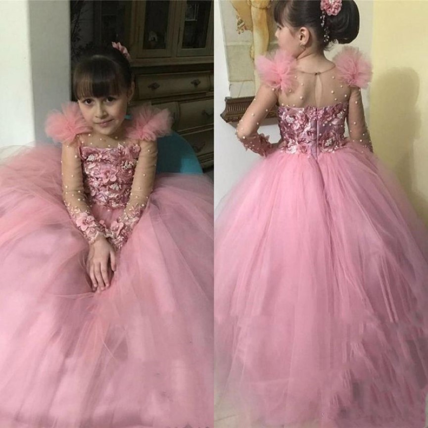 Lovely Tulle Pink Flower Girl Dresses for Weddings High Neck Sleeves Sweep Train 3D Floral Applique Communion Dress Girls Pageant 270D