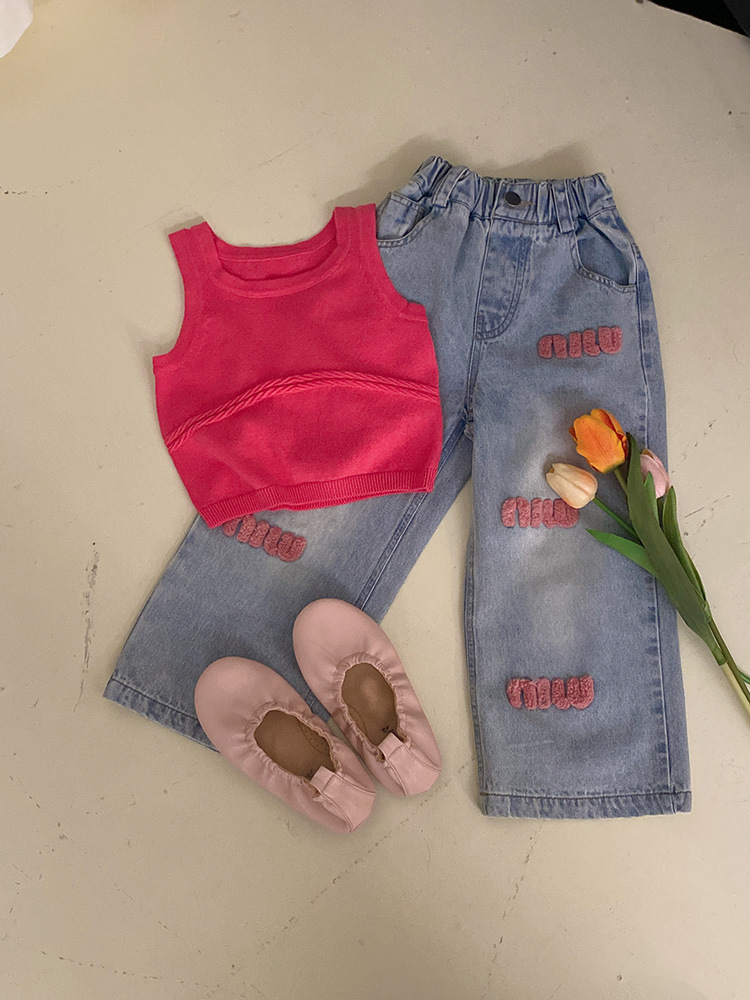 Sweet Kids gebreide trui vest 2024 lente kinderen vest meisjes handdoek brief borduren wijde pijpen broek Z7063