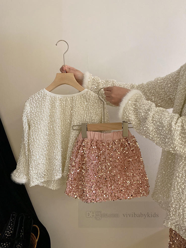 Sweet Girls bling paillettes gonne rosa bambini colletto tondo peluche pullover a maniche lunghe 2024 primavera bambini vestiti da principessa Z7073