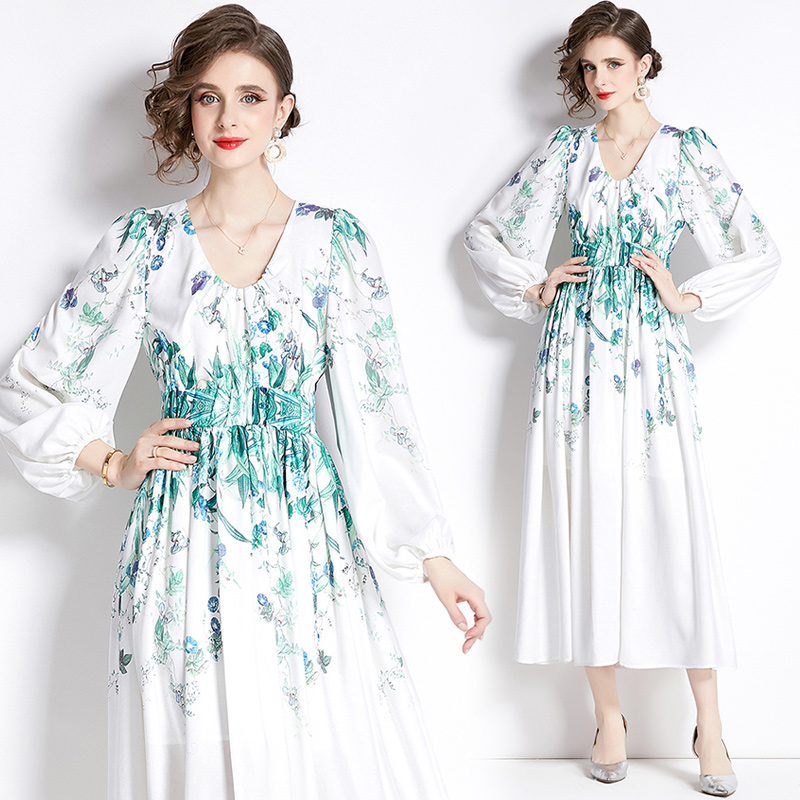 Kvinnor grundläggande avslappnade klänningar Runway Fashion Spring Flower Dress for Women Bohemian Floral Print Long Sleeve Robe Longue Femme Party Maxi Vestido 2024