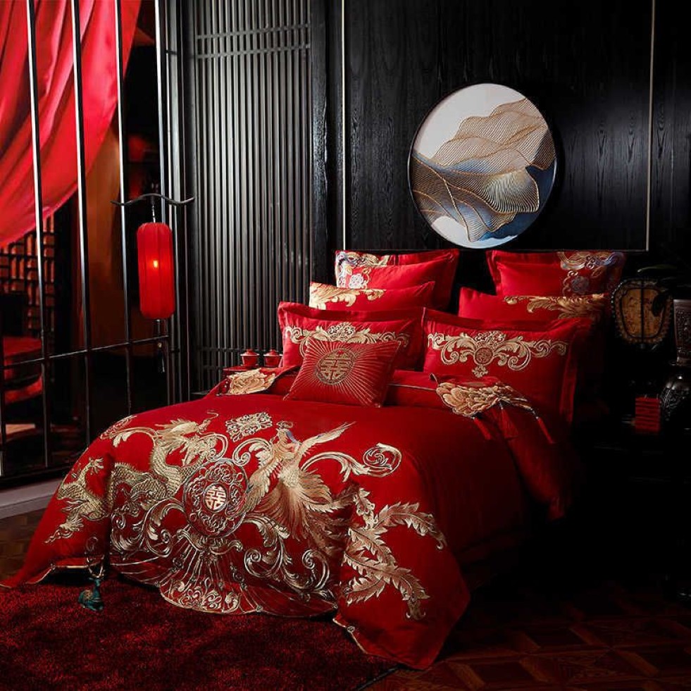 新しいレッドラグジュアリーゴールドフェニックスルーング刺繍中国の結婚式100％綿の寝具セット布団カバーベッドシートベッドスプレッドピローケースH242D