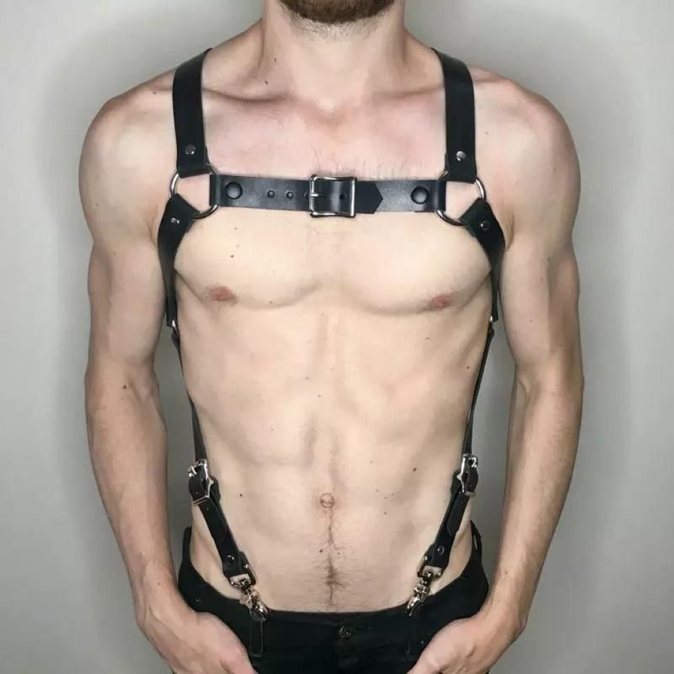 Harnais de soutien-gorge en cuir Punk pour hommes, ceinture érotique Sexy, Bondage corporel, bretelles gothiques Harajuku, Lingerie masculine, bretelles d'épaule 1259x