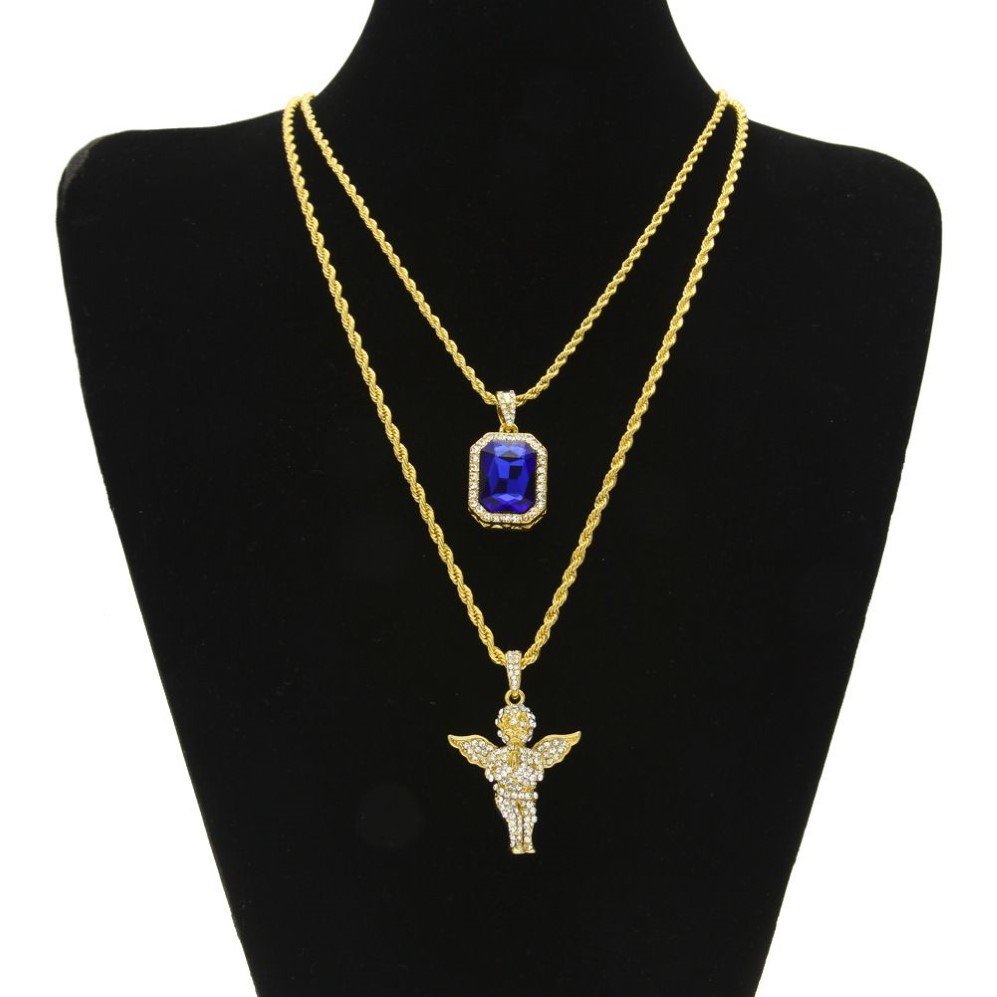 Iced Out Ruby Ketting Set Merk Micro Ruby Angel Jesus Wing Hanger Hip Hop Ketting Mannelijke Sieraden Whole296i