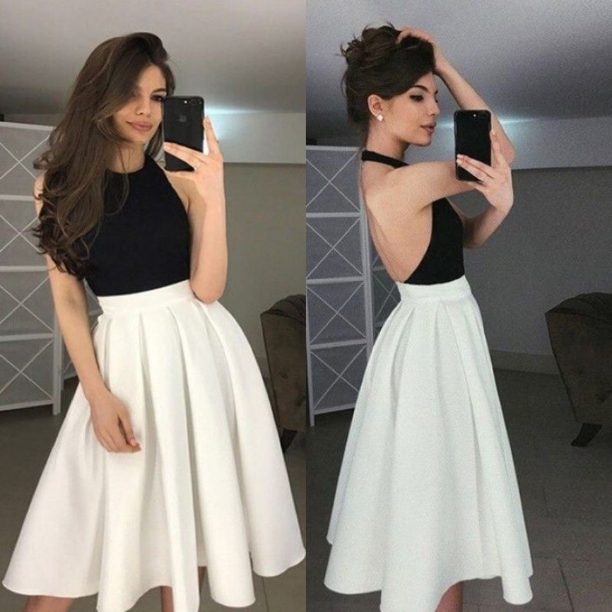 Stylish Black White Homecoming Dresses Sexy Halter Neck Open Backless Knee Length Party Dresses Custom Made A-Line Short Prom Dres197u