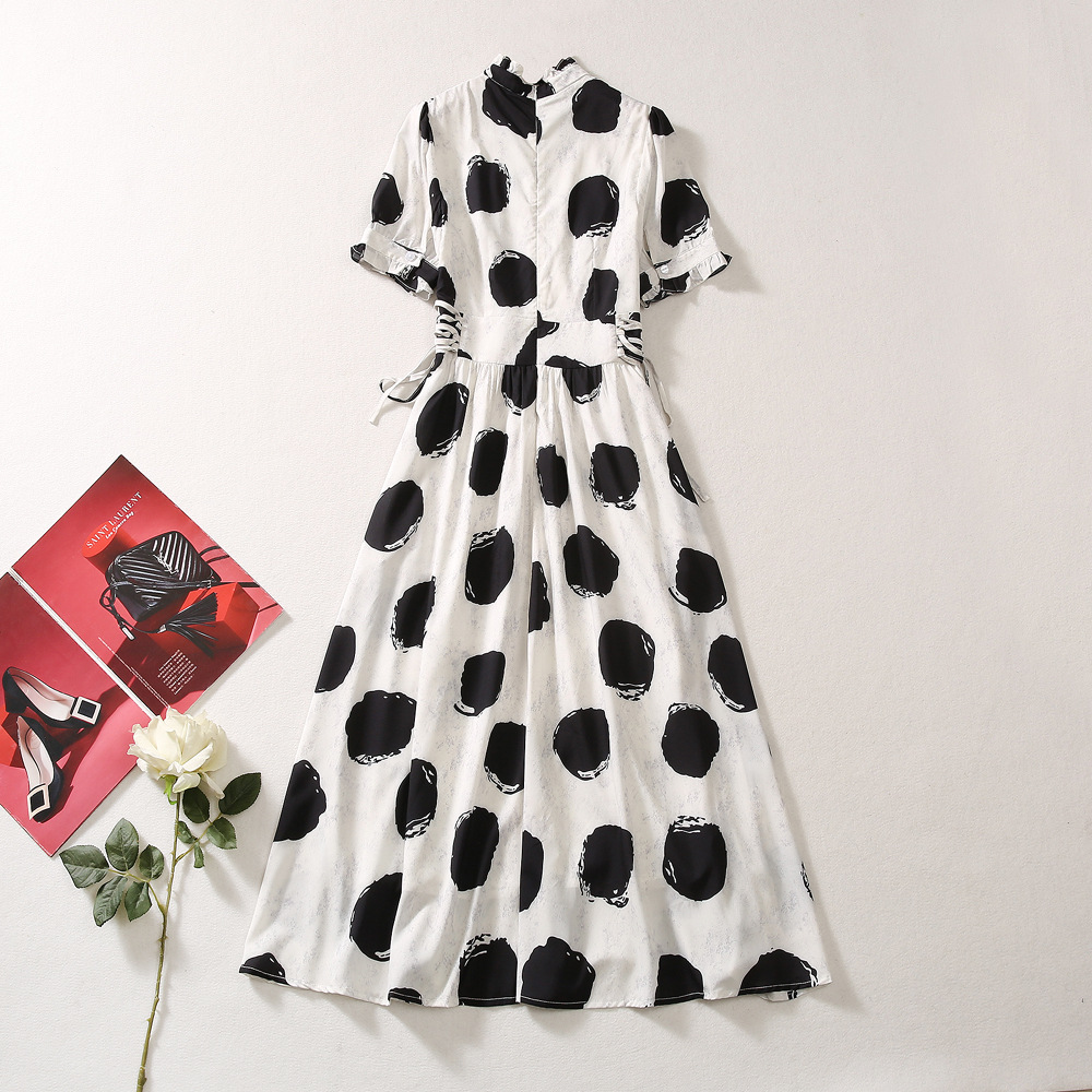 2024 Summer Polka Dot Print Women's Dress Stand Collar dragkedja Kortärmad Kvinnas avslappnade långa klänningar AS076