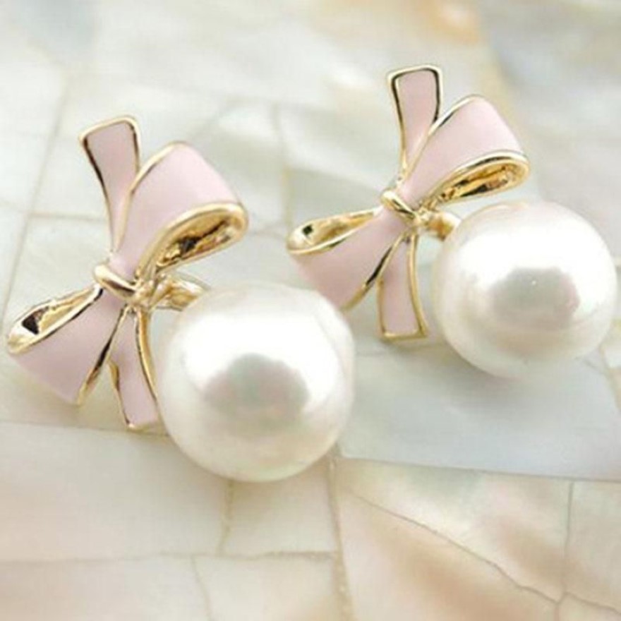 Clip-on & Screw Back Korea Style Clip On Earring No Pierced For Women Simulated Pearl Charm Pink White Bowknot EarringsClip-on310G