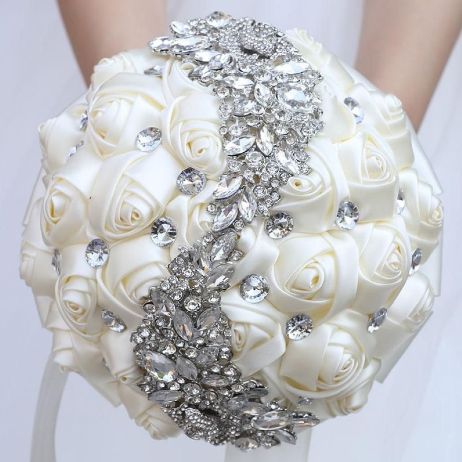 Fiori da sposa Bouquet di raso di cristallo con nastro artificiale da sposa damigella d'onore bouquet di diamanti Flores De Boda W445215L