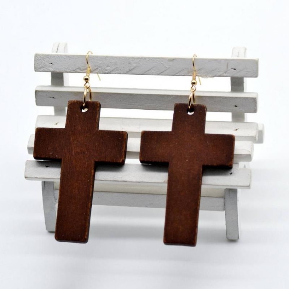 Boucles d'oreilles en forme de croix en bois naturel pour femmes, lustre suspendu, bijoux de foi à la mode, Whole317A