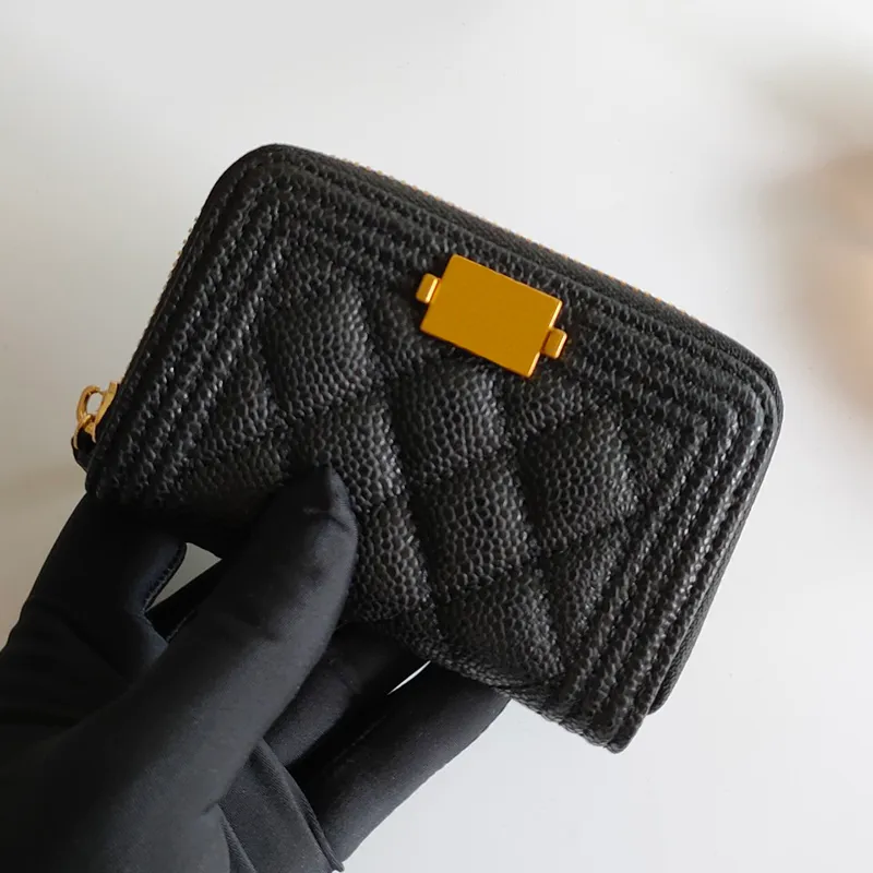 Mulher carteiras de luxo cartão de crédito feminino caviar bolsas couro genuíno titular do cartão moda pequeno zíper curto moeda purse3287