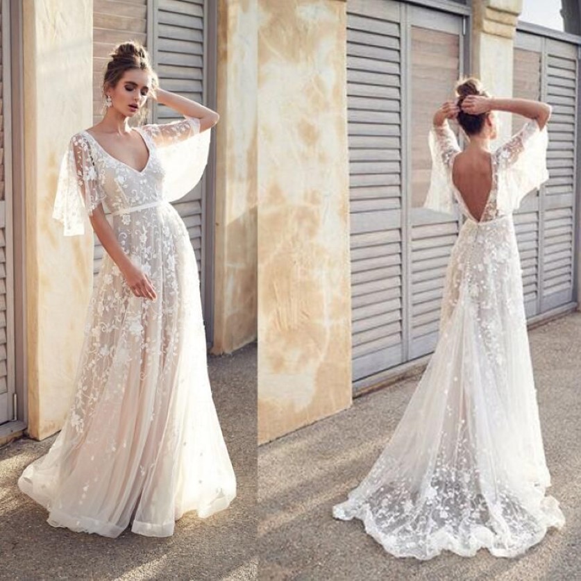 Sexy Wedding Dress Lace A-Line White Sexy Bohemian Beach Dresses Backless V Neck Maxi Runway Dress Dress to the Floor Vestido276C