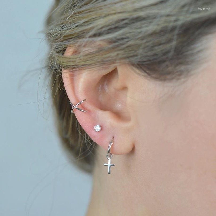 Серьги-кольца простой крест для женщин стерлингового серебра 925 пробы уха игла кристалл кулон модные украшения Gifts2230