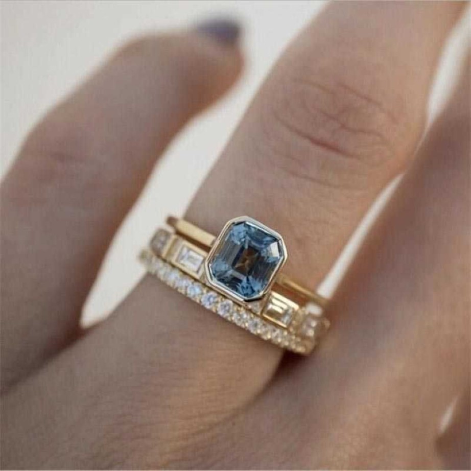 3 pçs ácido azul anéis de cristal para mulheres moda amarelo ouro cor casamento anel feminino marca luxo jóias presentes acessórios 237j