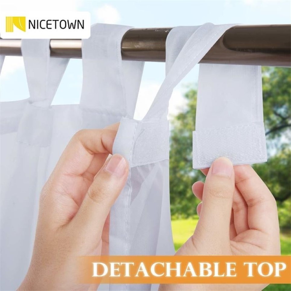 NICETOWN Outdoor Curtain for Patio Detachable Sticky Tab Top for Easy Hanging Waterproof Outside Porch White Sheer with a Rope 211223h