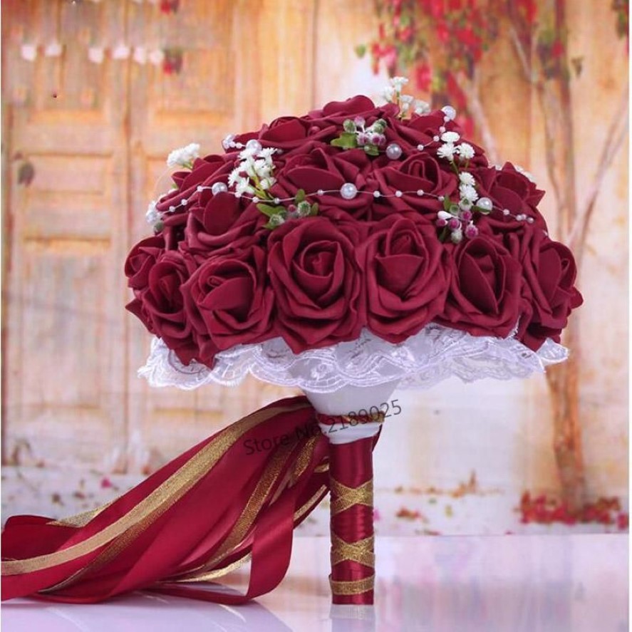 Bröllopsblommor mode Bourgogne Bouquet Pink Red White Bourgogne Bridal Bridesmaid Flower Artificial Rose Bride264C