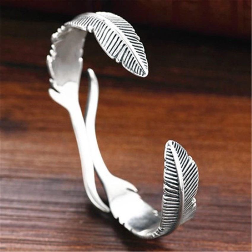 Bangle Ancient Silver Color Tree Leaves Round Barcelet For Women Elegant Alloy Feather Open Party Wedding Fashion Jewelry A992302p
