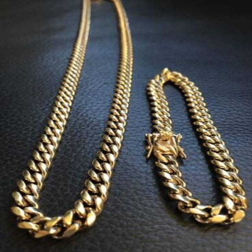 10mm Mens Cuban Miami Link Bracelet & Chain Set 14k Gold Plated Stainless Steel276H