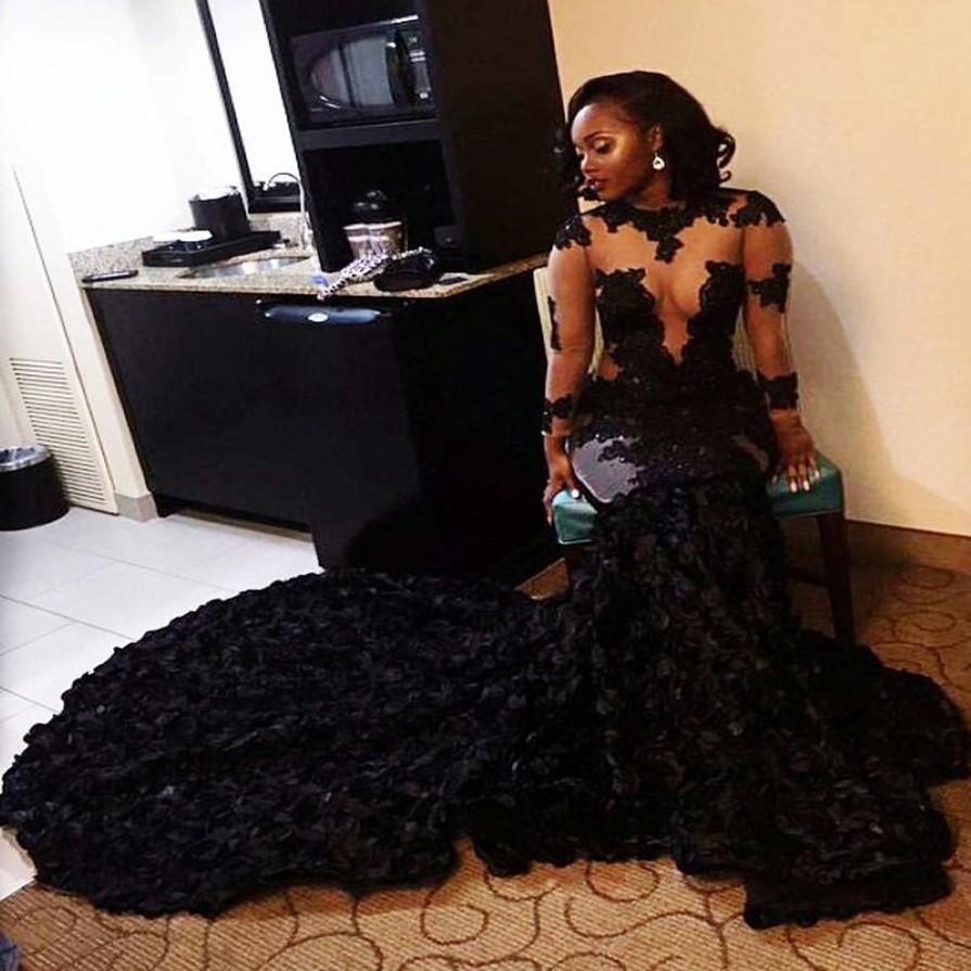 Afrikansk svart spetsar sjöjungfrun klänning rena halsringar applikationer långa ärmar aftonklänning lång sveptåg formell klänning dubai pa253l