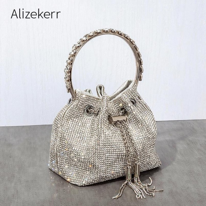 Evening Bags Diamonds Tassel Clutch Bag Women Luxury Designer Chain Metal Ring Handle Shiny Crystal Bucket Purse Bridal Wedding Pa287L