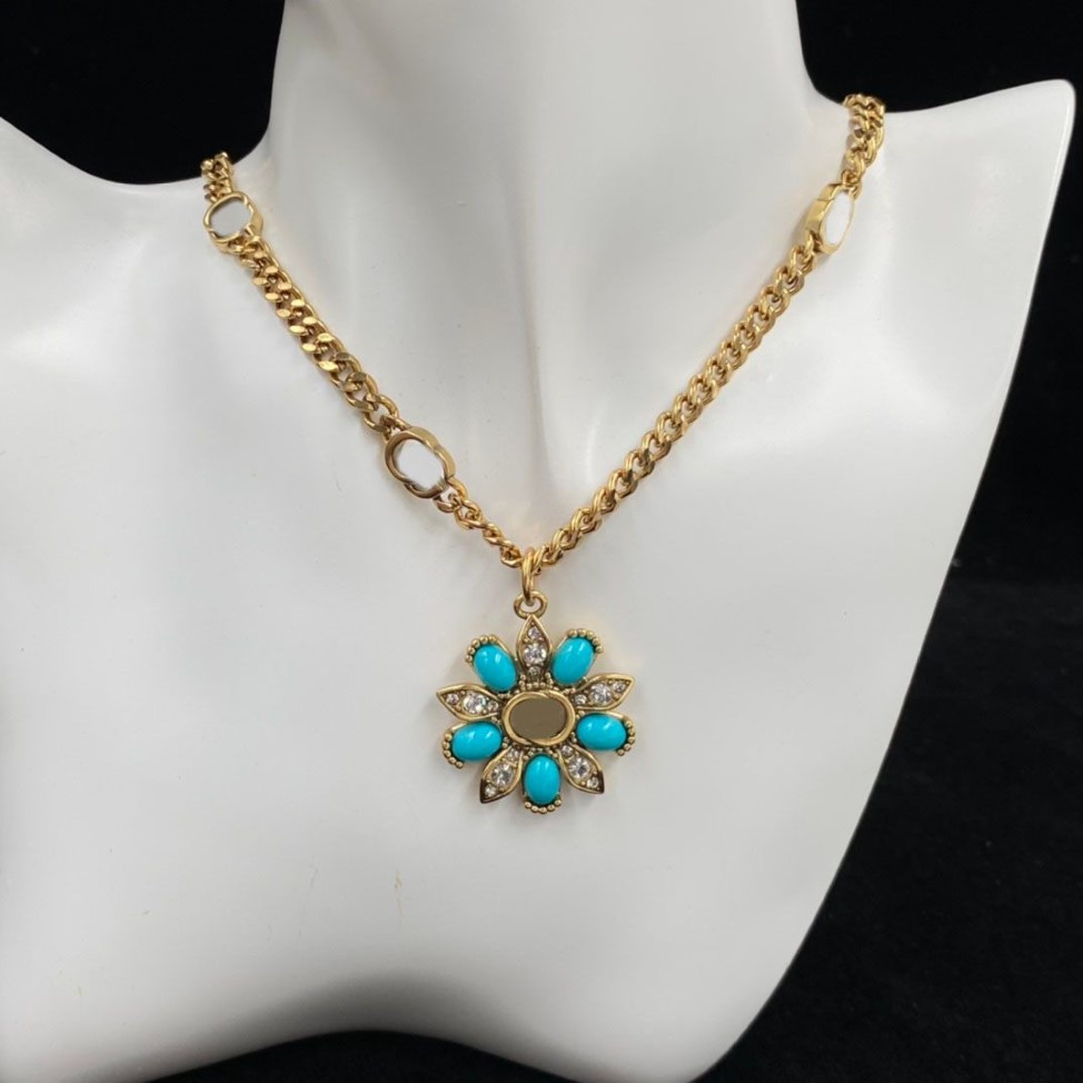 Blue flower shape rhinestone pendant necklaces antique bronze chain luxury necklace fashion brand designer for woman girl ladies w203q