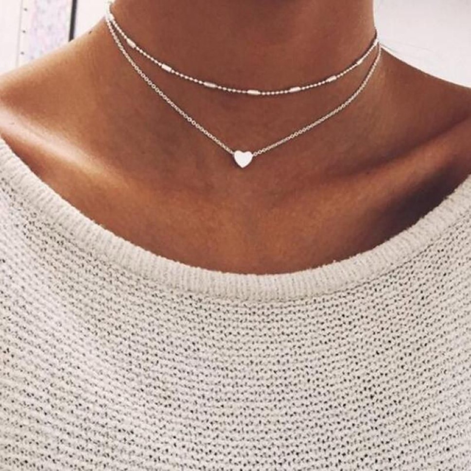 Pendant Necklaces Multi Layer Tiny Small Heart Moon Choker Necklace For Women Gold Color Short Chain Collar Jewelry GiftPendant2784