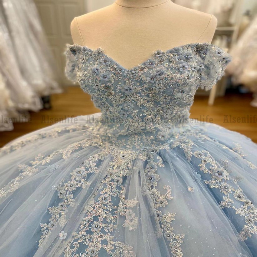 Robes De XV A os bleu ciel clair, robes De Quinceanera en dentelle appliquées, doux 15 filles mexicaines, vêtements d'anniversaire, 310x, 2022