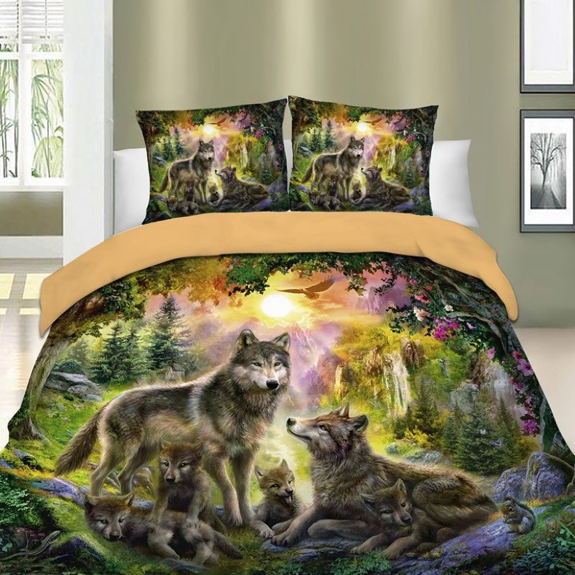 Wolf Happiness Family Ensemble de linge de lit imprimé Housse de couette Housse de couette Full Queen King tailles Couvre-lit Ensemble de literie loup gris Y2001274D