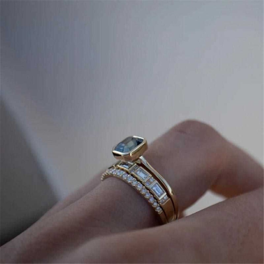 3 pçs ácido azul anéis de cristal para mulheres moda amarelo ouro cor casamento anel feminino marca luxo jóias presentes acessórios 237j