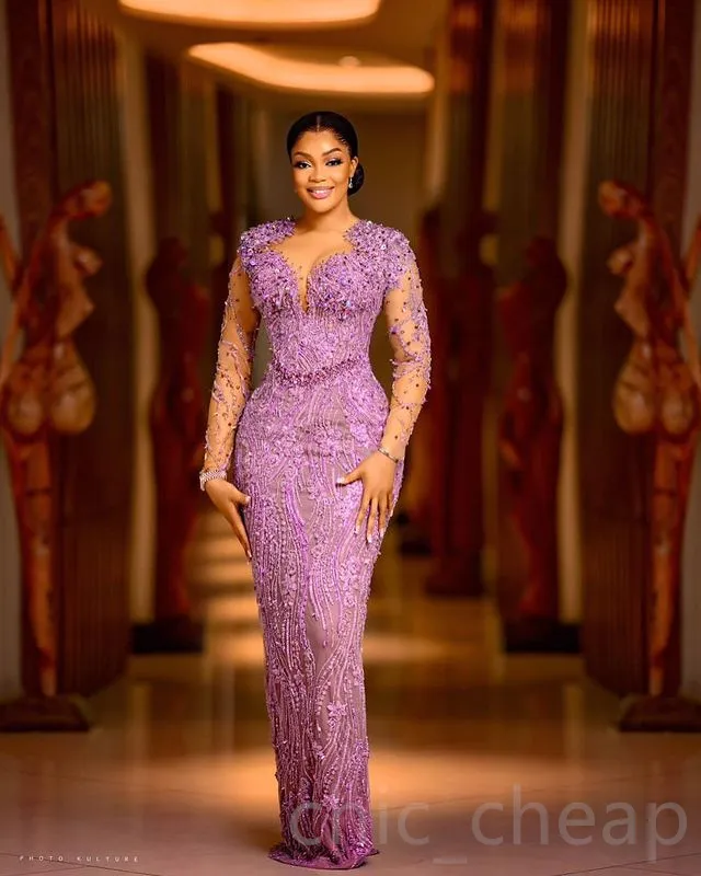 2023 Aso Ebi Lilac Sheath Prom Dress Beaded Lace Sexy Evening Formal Party Second Reception Birthday Engagement Gowns Dresses Robe De Soiree ZJ740