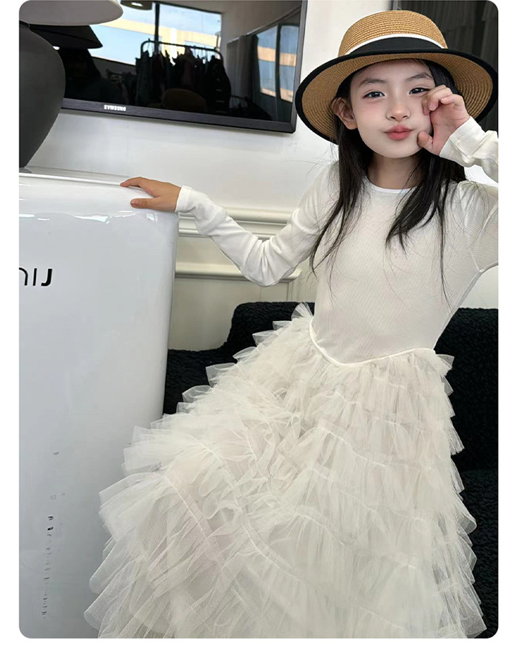 Big girls tiered gauze cake dresses old kids long sleeve splicing lace tulle long dress teenagers princess clothes Z7105