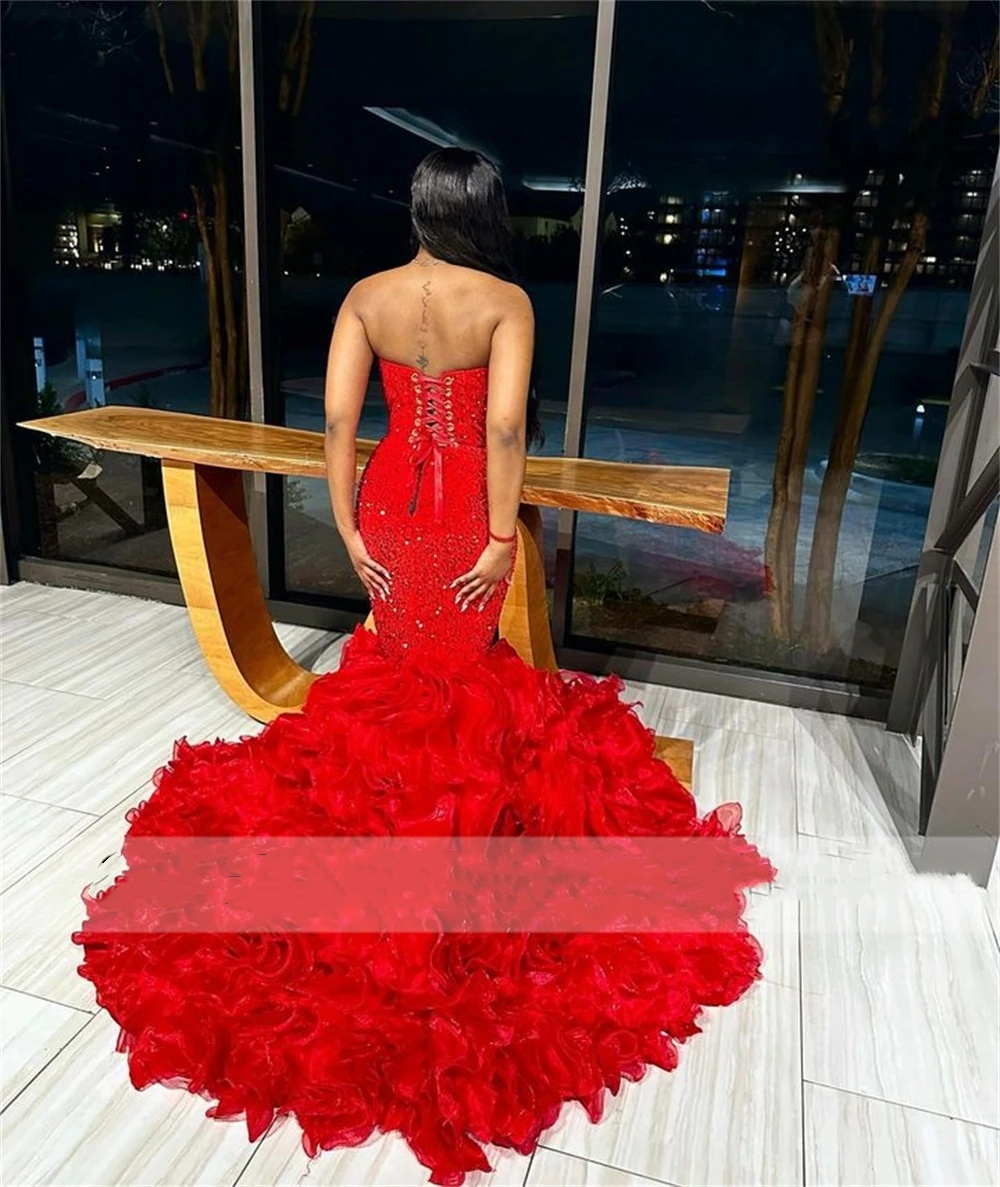 2024 Hand Make Crystal Tassels Red Sweetheart Luxury Prom Dresses Black Girls Baddie Dresses For Birthday African vestidos de gala