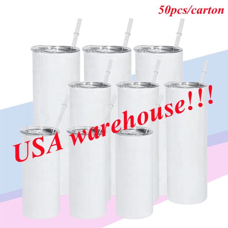 Local Warehouse20oz sublimation straight tumbler blank white skinny tumblers seamless water bottle with straw and lids ca311a