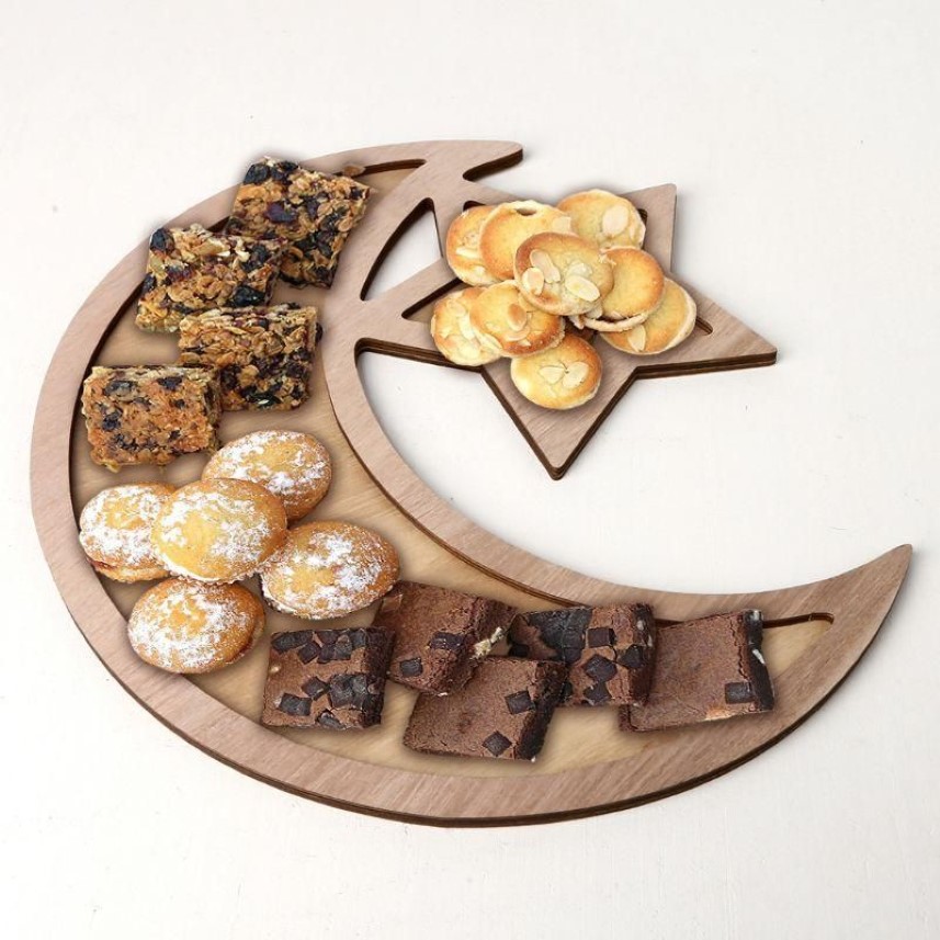Pochettes à bijoux Sacs Plateau d'affichage en croissant en bois Étoile de lune Eid Ramadan Service de nourriture Vaisselle Dessert Porte-pâtisserie Décor Fête 250t