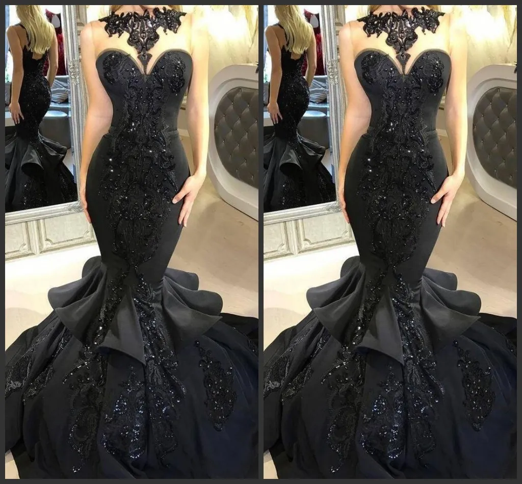 2020 New Stunning Black Long Evening Dresses Beaded Appliqued Cascading Ruffled Mermaid Court Train Backless Formal Party Prom Gowns 2018