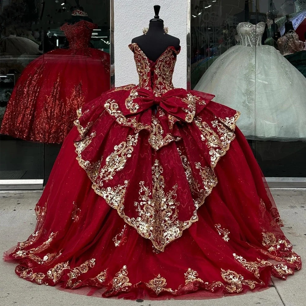 Red Princess Luxury Quinceanera Dresses 2024 Off Shoulder Puffy 3D Floral Applique Boning Corset vestidos de 15 quinceanera