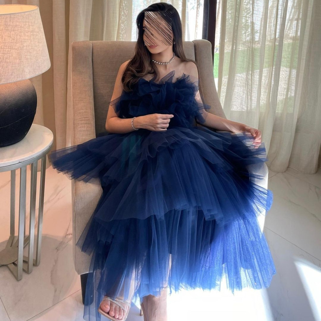 Elegant Long Blue Scalloped Evening Dresses A-Line Sleeveless Lace Up Back Ankle Length Prom Dresses Robe De Soiree Formal Party Gown for Women