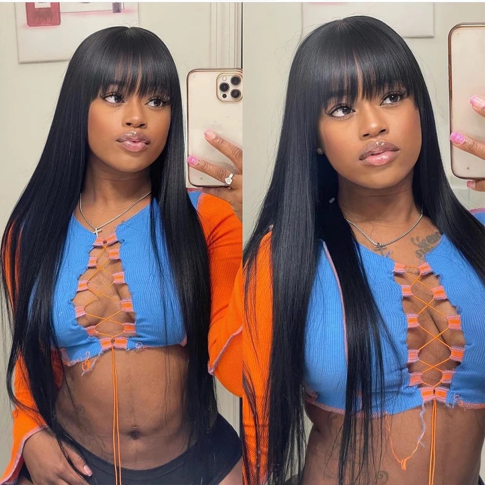 Straight Human Hair Wig with Bangs 3x1 Middle Part Lace Wig Glueless Wig Human Hair Ready To Wear Brazilian Human Hair Wigs 100%