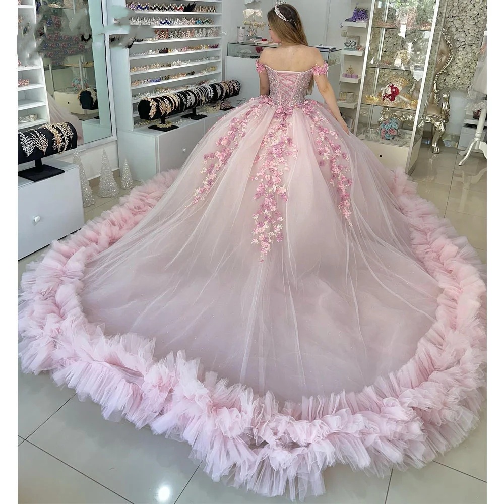 Pink Quinceanera Dresses Ball Gown 2024 Off Shoulder Beaded Sweet Sweet Dress Gomes residos de 15 anos