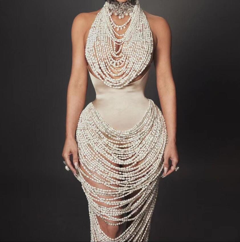 Kylie Jenner Celebrity -jurk Kim Kardashian Pearls Celebrity Dess Women Doekje Off schouder zeemeermin Vrouwen kleedt Kylie Jenner Kendal Jenner Avond Jurk