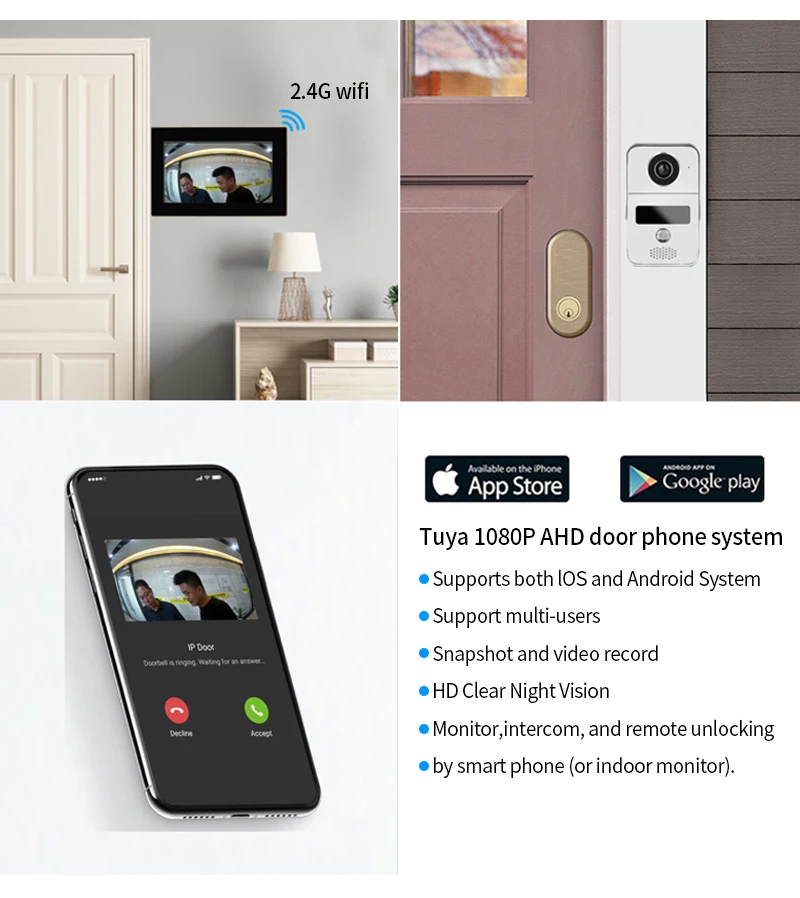 هاتف 10.1 بوصة HD Color 1080p CMOS WiFi Tuya App Ir Night Vision CCTV كاميرا فيديو الهاتف فيديو باب الباب الداخلي