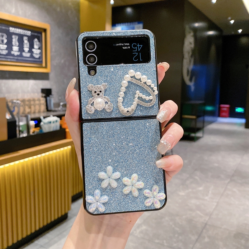 ZFlip5 3D Heart Love Bear Diamond Cases For Samsung Galaxy Z Fold 5 4 Flip5 Flip 3 Flip4 Bling Flower Girls Hard PC Plastic Shockproof Folding Fashion Rhinestone Cover