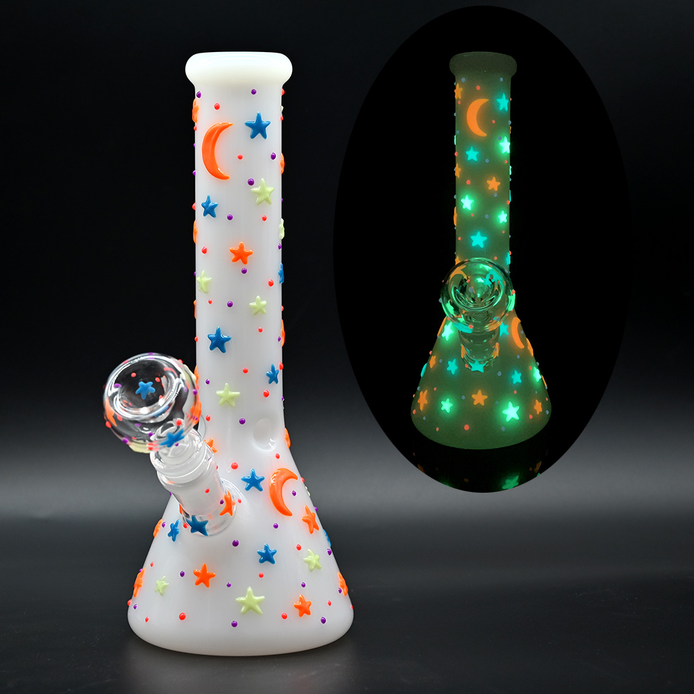 1 pièce, 25,5 cm/10 pouces, conduite d'eau en verre de jade blanc, bouteille en verre avec étoile et lune lumineuses colorées, bang en verre borosilicate, narguilé en verre, peint à la main, cadeaux que les filles aiment