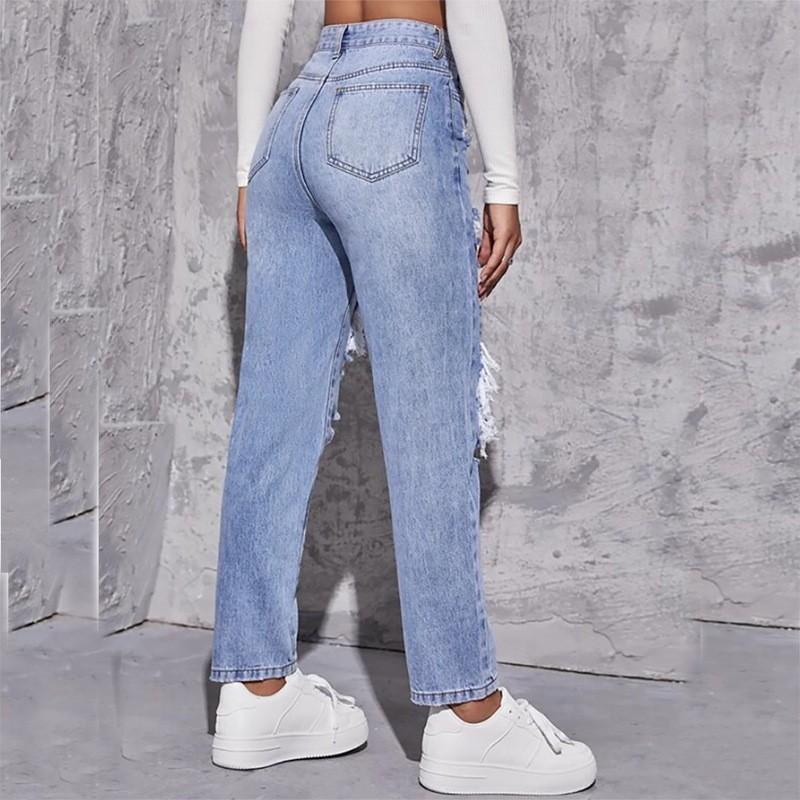 Ripped jeans new style European and American trend washed ripped high waist straight trousers