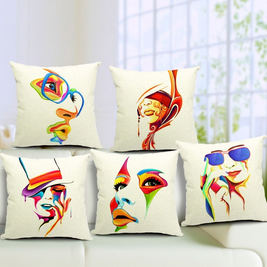 Abstrakte bunte Malerei Frauen Gesicht Leinen Kissenbezug Kissenbezug Home Art Decor Almofadas 18 18 Zoll Coussin Schlafzimmer Sofa Deco195a