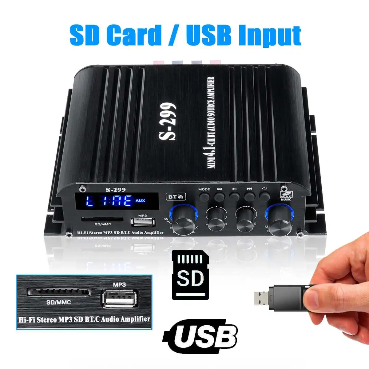 Förstärkare S299 4*400W 4.1 Channel Power Amplifier Audio Karaoke hemmabioförstärkare Hembil Bluetooth trådlös förstärkare USB/SD AUX