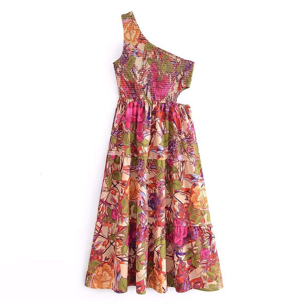 Wholesale Autumn Style Womens Elastic Casual Dresses Laminated Long Printed Dress