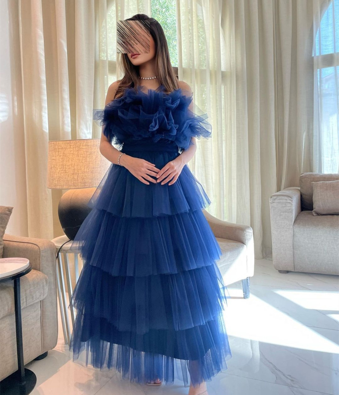 Abiti da sera eleganti lunghi smerlati blu A-Line senza maniche con lacci sul retro Abiti da ballo alla caviglia Robe De Soiree Abito da festa formale le donne